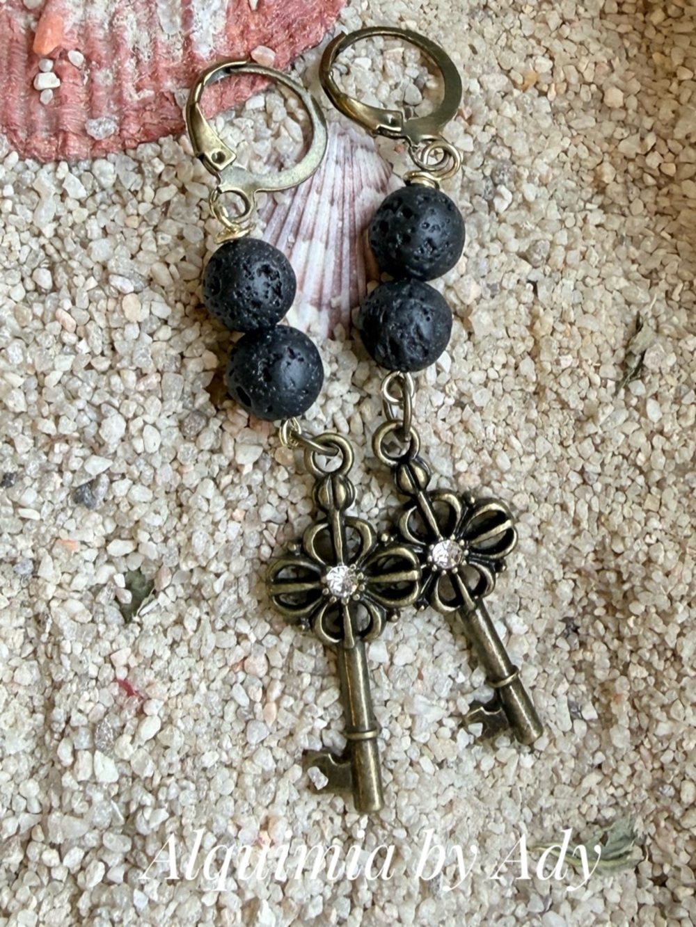 Alquimia Black Lava Bead Key Charm Earrings with Antique Gold Details